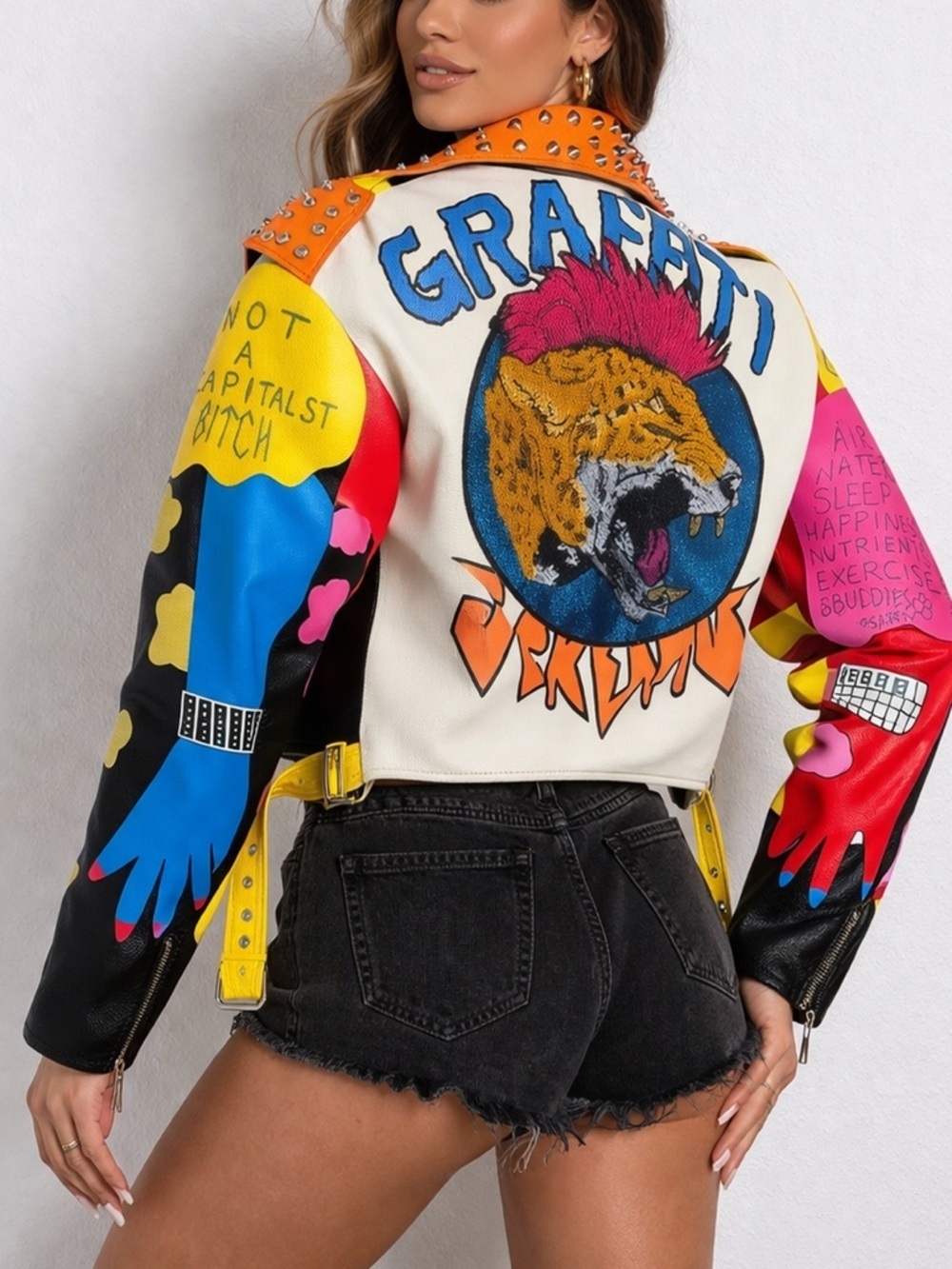 Bold Azalea Wang “Graffiti Kisses” Leather Moto Jacket Large - Picture 3 of 16